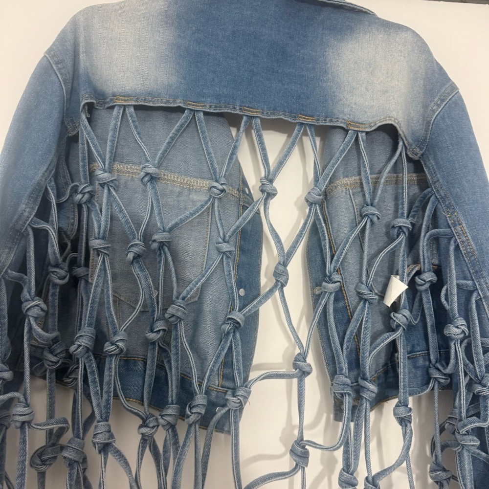 Cropped Denim Fringe Jean Jacket Back Hollow Out Knotted Tassel Distressed XXL - Picture 10 of 14